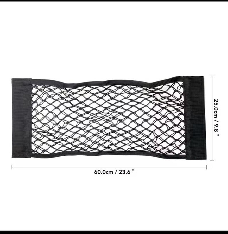 May include: Black mesh car storage net, 23.6 inches long and 9.8 inches high, with black fabric borders. The net is designed to hold items securely. The dimensions are clearly marked on the image.