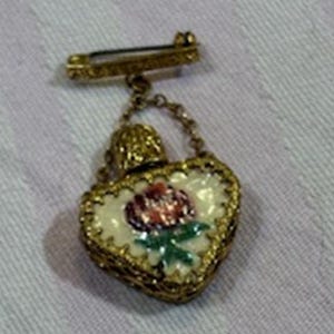 Vintage Heart Perfume Brooch – Enamel Floral Miniature Scent Bottle Pin