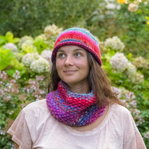 Snood, cache-col femme et bonnet en laine mérinos, couleurs pastel, très doux et chaud