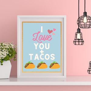 Arte taco, comida mexicana, tacos, arte para impressão, arte de parede, decoração de casa, tapeçaria, arte do amor, download digital, decoração de parede divertida, eu te amo