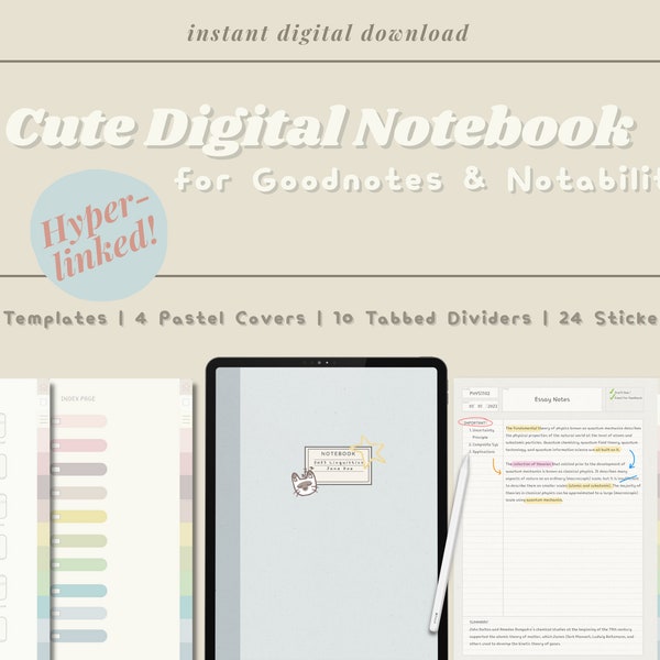 Cute Digital Notebook | 18 Templates | Korean Inspired | Hyperlinked Tabs for Goodnotes & Notability | Cornell, Lined, Grid, Margin