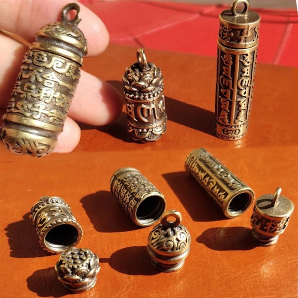 Bouteille bouddha creuse en laiton Sutra cylindre pendentif porte-clés collier bijoux fait main vintage boîte à pilules conteneur bouteille porte-clés
