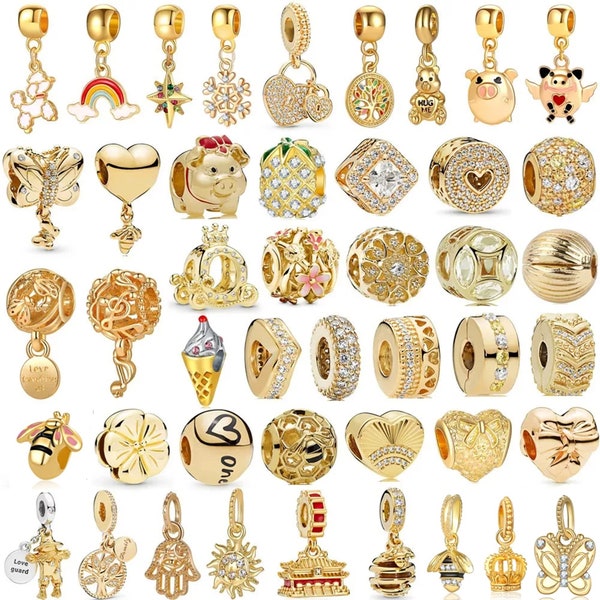 Bracelet de perles en forme de breloque en or scintillant avec zircon, couleur dorée, bijoux pour femme à faire soi-même, collection de breloques tendance en argent sterling et or