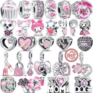 New Pink Series Flowers Butterfly Paw Print Heart Mom Forever Love Beads Fit Original Charms 925 Silver Bracelet Jewelry