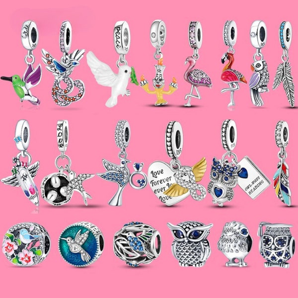 New Dove Hummingbird Magpie Owl Birds Charms Beads For charms Original 925 Silve Bracelets Bangle Diy Women Making Jewelry Gift