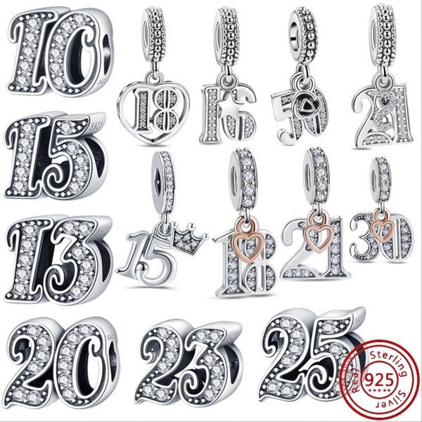 Numéro porte-bonheur en argent 925 15 16 18 21 50e célébration coeur pendentif perles brillantes ajustement original bracelet à breloques fabrication de bijoux cadeaux