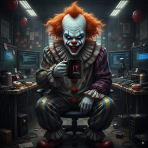 May include: A sinister clown with orange hair and white face paint, holding a black mug with "IT Department 24/7 Help Desk" on it. The clown is in a colourful costume, seated in a room with computer monitors and red balloons.