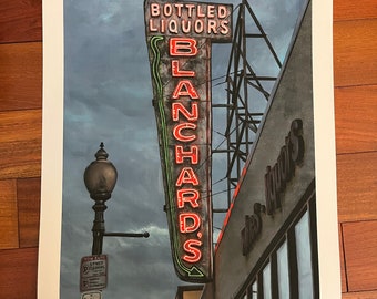 Blanchard’s Neon Sign - Glow-in-the-Dark Giclée art print, hand-embellished details