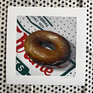 Glazed - Krispy Kreme donut giclée print, hand-embellished, 8”x8”