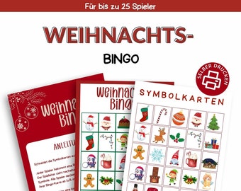 May include: Printable Christmas Bingo game with 25 player cards. The cards feature a variety of Christmas symbols, including a snowman, a stocking, a candy cane, a gingerbread man, a Christmas tree, a reindeer, a Santa Claus, a bell, a snowflake, a gnome, a mug, a fireplace, an elf, an angel, a nutcracker, a sweater, a pudding, a skate, and a hat.