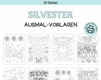 Ausmalbilder Silvester für Kinder | Druckvorlage zum Selberdrucken | Malen für Kinder | Malbuch digitaler Download | Silvesterbeschäftigung