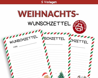 Op de afbeelding: Printbare kerst verlanglijst sjablonen met rode en groene gestreepte randen. De sjablonen bevatten een peperkoekman, een kerstboom en een rendier.