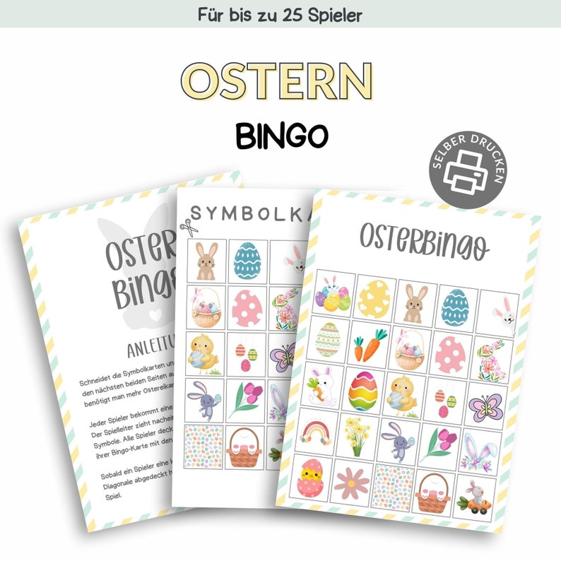 May include: A printable Easter Bingo game with a colorful design. The game includes a card with 25 squares and a separate sheet with symbols to match. The symbols include bunnies, eggs, carrots, flowers, and other Easter-themed images.