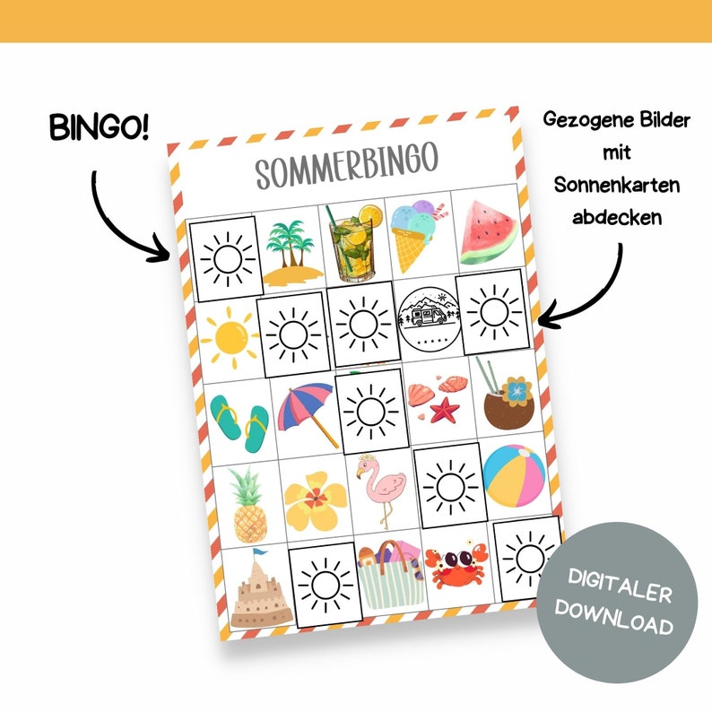 Pu&ograve; includere: Una scheda di bingo estiva stampabile con immagini di un ombrello da spiaggia, infradito, un ananas, una noce di cocco, un fenicottero rosa, una palla da spiaggia, un castello di sabbia, una borsa da spiaggia, un granchio e un sole. Il testo "Sommerbingo" &egrave; in cima alla scheda. Il testo "Gezogene Bilder mit Sonnenkarten abdecken" &egrave; sul lato destro della scheda. Il testo "Digitaler Download" &egrave; in basso a destra della scheda.