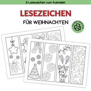 Könnte beinhalten: Ausdruckbare schwarz-weiße Weihnachtsbuchzeichen mit festlichen Illustrationen. Die Lesezeichen zeigen Bilder von Weihnachtsmann, Ornamenten, Geschenken, einem Weihnachtsbaum und einem Rentier. Der Text oben lautet "8 Lesezeichen zum Ausmalen".