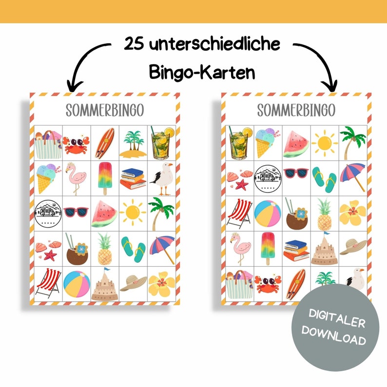 Pu&ograve; includere: Un set di 25 schede di bingo estive stampabili con una variet&agrave; di immagini a tema estivo, tra cui un ombrello da spiaggia, un'anguria, un ananas, una noce di cocco, una palla da spiaggia, un fenicottero rosa, un granchio, una tavola da surf, una sedia da spiaggia, un paio di occhiali da sole, un gabbiano, un castello di sabbia, un cappello, un libro, un ghiacciolo, un bicchiere di limonata e una conchiglia. Il testo "SOMMERBINGO" &egrave; in cima a ogni scheda.