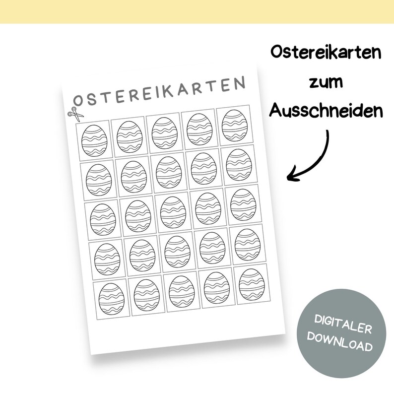 May include: A printable sheet of 25 Easter egg cut-out templates. The eggs are outlined in black and have a simple striped pattern. The text "OSTEREIKARTEN zum Ausschneiden" is at the top of the sheet.