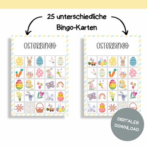 May include: 25 printable Easter Bingo cards with a variety of Easter-themed images, including bunnies, eggs, chicks, flowers, and baskets. The cards are designed for a fun and engaging Easter activity.