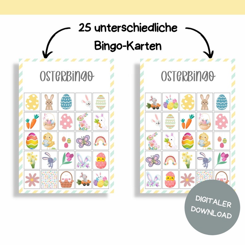 May include: 25 printable Easter Bingo cards with a variety of Easter-themed images, including bunnies, eggs, chicks, flowers, and baskets. The cards are designed for a fun and engaging Easter activity.