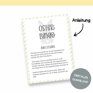 May include: A printable Easter Bingo game with instructions. The instructions explain how to play the game using Easter-themed symbols and eggs.