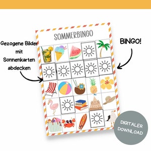 Pu&ograve; includere: Una scheda di bingo estiva stampabile con immagini di anguria, gelato, ombrello da spiaggia, ananas, cocco, palla da spiaggia, sedia da spiaggia, fenicottero, castello di sabbia, cappello, borsa da spiaggia, granchio, tavola da surf e gabbiano. Il testo "SOMMERBINGO" &egrave; in cima alla scheda. Il testo "Gezogene Bilder mit Sonnenkarten abdecken" &egrave; sul lato sinistro della scheda. Il testo "BINGO!" &egrave; sul lato destro della scheda. Il testo "DIGITALER DOWNLOAD" &egrave; in fondo alla scheda.