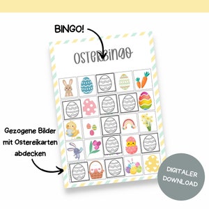 May include: A printable Easter Bingo game with a colorful design. The game board features images of Easter eggs, bunnies, chicks, and other Easter-themed items. The text on the board reads "Oster Bingo" and "Gezogene Bilder mit Ostereikarten abdecken".
