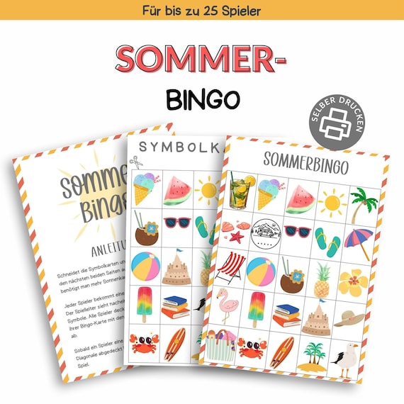 Bingo für den Sommer | Druckvorlage zum Selberdrucken | Bingospiel für Kinder | Sommerbingo digitaler Download | Partyspiel | Sommerferien