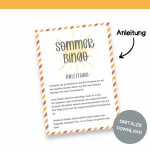 Pu&ograve; includere: Un gioco di bingo estivo stampabile con istruzioni su uno sfondo giallo e arancione. Le istruzioni includono il ritaglio delle carte dei simboli e del sole, ogni giocatore riceve una carta del bingo e il conduttore del gioco chiama i simboli. Il primo giocatore a ottenere una riga, una colonna o una diagonale completa vince.