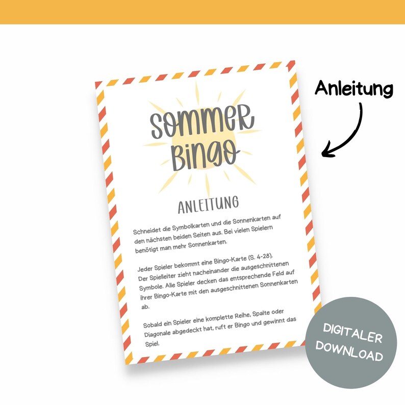 Pu&ograve; includere: Un gioco di bingo estivo stampabile con istruzioni su uno sfondo giallo e arancione. Le istruzioni includono il ritaglio delle carte dei simboli e del sole, ogni giocatore riceve una carta del bingo e il conduttore del gioco chiama i simboli. Il primo giocatore a ottenere una riga, una colonna o una diagonale completa vince.