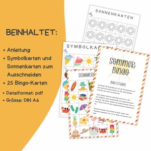 Pu&ograve; includere: Un set di 25 carte da bingo estive con un design colorato che presenta un'anguria, un cono gelato, occhiali da sole e un ombrello da spiaggia. Le carte sono stampate su carta bianca e sono pronte per essere giocate. Il set include anche istruzioni e carte dei simboli.