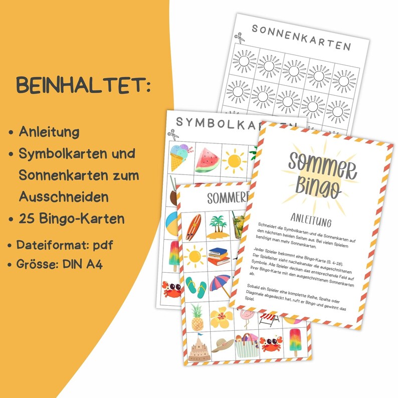 Pu&ograve; includere: Un set di 25 carte da bingo estive con un design colorato che presenta un'anguria, un cono gelato, occhiali da sole e un ombrello da spiaggia. Le carte sono stampate su carta bianca e sono pronte per essere giocate. Il set include anche istruzioni e carte dei simboli.