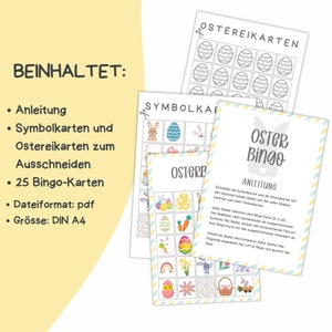 May include: A printable Easter Bingo game with 25 bingo cards, symbol cards, and Easter egg cards. The game includes instructions for playing. The game is designed for children and adults.