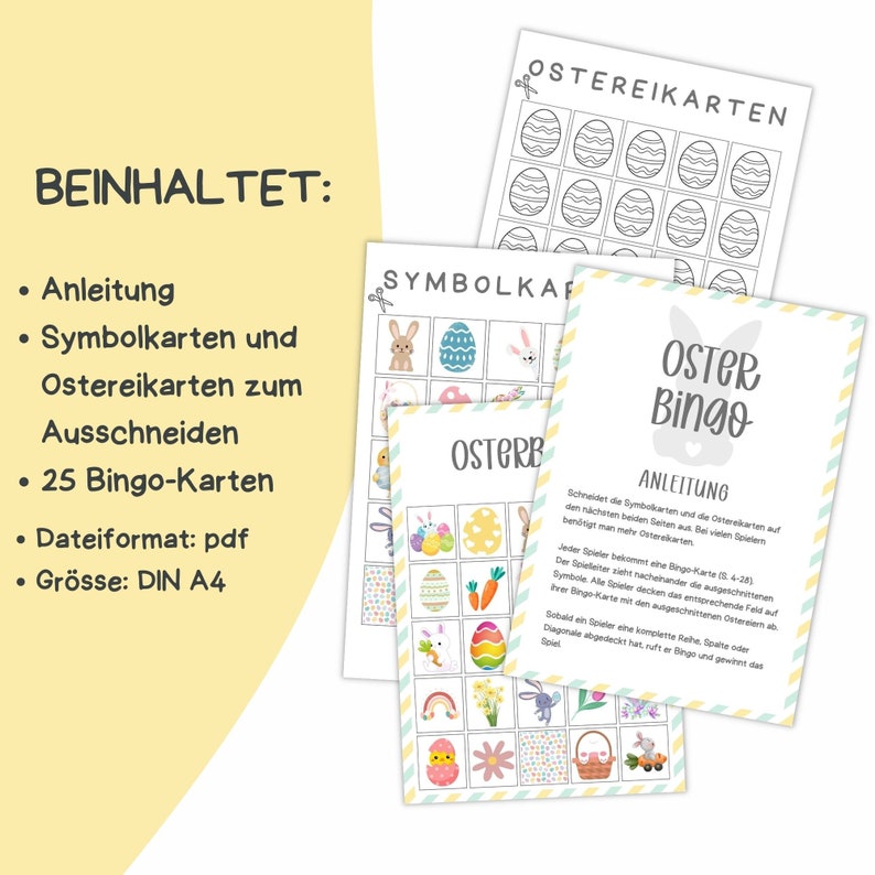 May include: A printable Easter Bingo game with 25 bingo cards, symbol cards, and Easter egg cards. The game includes instructions for playing. The game is designed for children and adults.