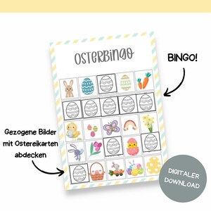 May include: A printable Easter bingo card with a colorful design. The card has a grid of 25 squares, each containing an Easter-themed image. The images include bunnies, eggs, chicks, butterflies, carrots, and flowers. The text "Osterbingo" is at the top of the card, and the text "Bingo!" is at the top right corner. The text "Gezogene Bilder mit Ostereikarten abdecken" is at the bottom left corner.