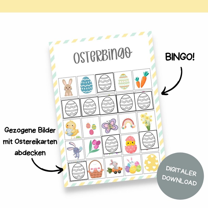 May include: A printable Easter bingo card with a colorful design. The card has a grid of 25 squares, each containing an Easter-themed image. The images include bunnies, eggs, chicks, butterflies, carrots, and flowers. The text "Osterbingo" is at the top of the card, and the text "Bingo!" is at the top right corner. The text "Gezogene Bilder mit Ostereikarten abdecken" is at the bottom left corner.