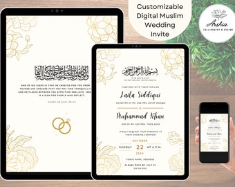 Muslim Wedding Invitation | Electronic Cream Gold Floral Nikkah Invite | Islamic Walima Editable Reception Evite | Paperless | SMS Invite