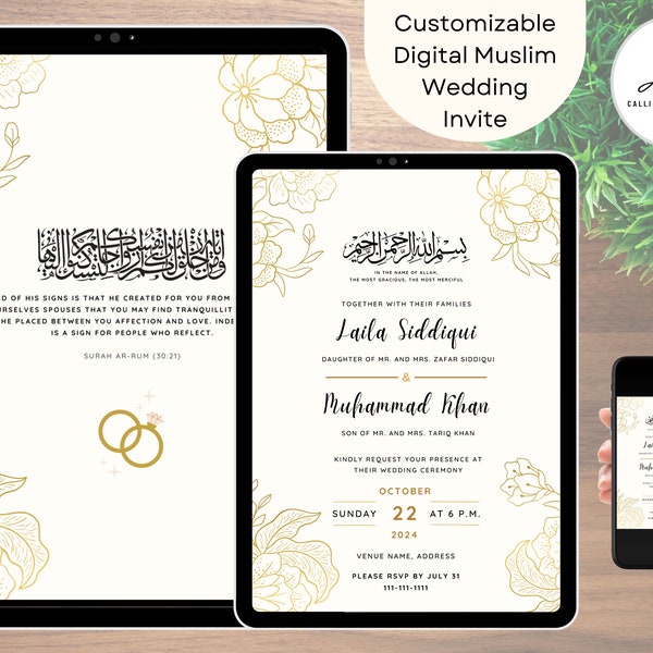 Muslim Wedding Invitation | Electronic Cream Gold Floral Nikkah Invite | Islamic Walima Editable Reception Evite | Paperless | SMS Invite