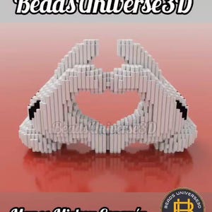 Può includere: Un modello 3D delle mani di Topolino che formano un cuore, realizzato con perline bianche. Il modello è su una superficie rossa con il testo "Beads Universe 3D" in alto e "Manos Mickey Corazón" in basso. Un logo per Beads Universe 3D si trova nell'angolo in basso a destra.