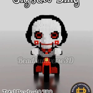 Puede incluir: Una figura pixelada de Jigsaw Billy, con una cara blanca, cabello negro, ojos rojos y una pajarita roja, montada en una motocicleta roja y negra. El texto "Jigsaw Billy" está en la parte superior. La figura está hecha de pequeñas cuentas.