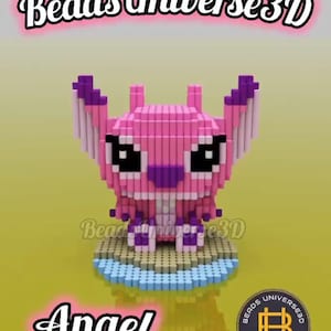 Puede incluir: Una figura pixelada de Angel rosa y morada, construida con pequeños bloques, con grandes ojos negros y una expresión amigable. La figura está sobre una pequeña base con la palabra "Angel" debajo. El texto "Beads Universe 3D" está en la parte superior.