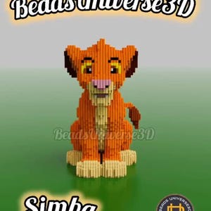 Puede incluir: Un modelo 3D de Simba de El Rey León de Disney, hecho con cuentas de color naranja, amarillo y rosa. El modelo está sentado sobre una superficie verde. El texto "Beads Universe 3D" está en la parte superior de la imagen y el texto "Simba" está en la parte inferior de la imagen.