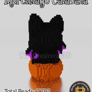 以下が含まれることがあります： オレンジ色のカボチャの上に黒いコウモリが乗った、3Dレンダリングされたハロウィーンをテーマにしたフィギュア。このフィギュアは、小さな長方形のブロックで構成されています。「Murci&eacute;lago Calabaza」というテキストが上部にあります。画像には「Total Beads: 7.702」と「Capas 41」というテキストも含まれています。