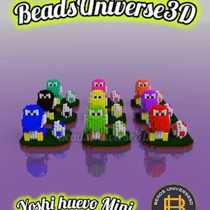 May include: A collection of colorful, pixelated Yoshi characters, each holding a white egg. The characters are standing on green platforms with a purple background. The text "Beads Universe 3D" is at the top of the image, and the text "Yoshi huevo Mini" is at the bottom. The logo for "Beads Universe" is in the bottom right corner.