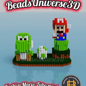 May include: A 3D pixel art model of Mario and Yoshi from the Super Mario Bros. video game series. Mario is wearing his signature red hat and blue overalls, while Yoshi is green with a white belly. The characters are standing on green platforms with brown bases. The image includes the text "Beads Universe 3D" and "Yoshi y Mario Tubo mini".