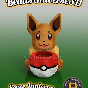 Puede incluir: Un personaje de Pokémon Eevee marrón y amarillo hecho de cuentas que sostiene una Poké Ball roja y blanca. El fondo es verde y el texto "Beads Universe 3D" está en la parte superior de la imagen. El texto "Eevee Lapicero" está en la parte inferior de la imagen.