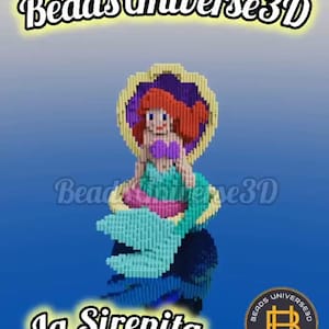 Puede incluir: Una pieza de arte de cuentas 3D de Ariel, la Sirenita, sentada en una concha. El arte de cuentas está hecho con cuentas de colores y es una pieza vibrante y colorida. El texto "La Sirenita" está escrito debajo del arte de cuentas.