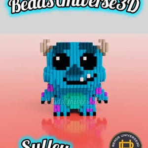 Może przedstawiać: Pikselowana figurka 3D Sulley'a z filmu Potwory i Spółka w odcieniach niebieskiego, fioletowego i beżowego. Figurka ma duże oczy, rogi i ząb. Obraz zawiera tekst "Beads Universe 3D" i "Sulley".