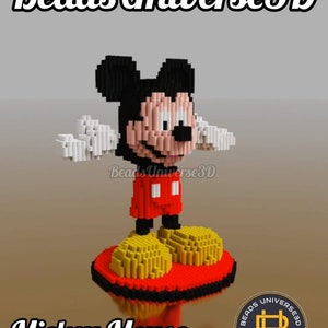 May include: A 3D model of Mickey Mouse made from colorful beads. The model is standing on a red platform with yellow shoes. The text "Beads Universe 3D" is visible in the background.