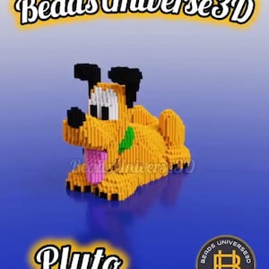 Puede incluir: Un modelo 3D de Pluto, un perro de dibujos animados, hecho con cuentas amarillas, negras, blancas, rosas y verdes. El modelo está sentado sobre una superficie azul. El texto "Beads Universe 3D" está en la parte superior de la imagen y el texto "Pluto" está en la parte inferior de la imagen. El logotipo de Beads Universe 3D está en la esquina inferior derecha de la imagen.
