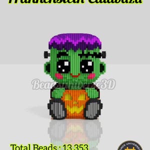 May include: A green Frankenstein figure made from small blocks, with purple hair and a jack-o'-lantern body. The text "Frankenstein Calabaza" is at the top. A Halloween-themed craft.